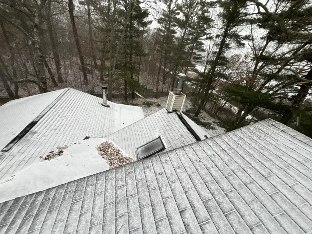 Snow-covered rooftops in a wooded area, with chimneys and skylights visible.