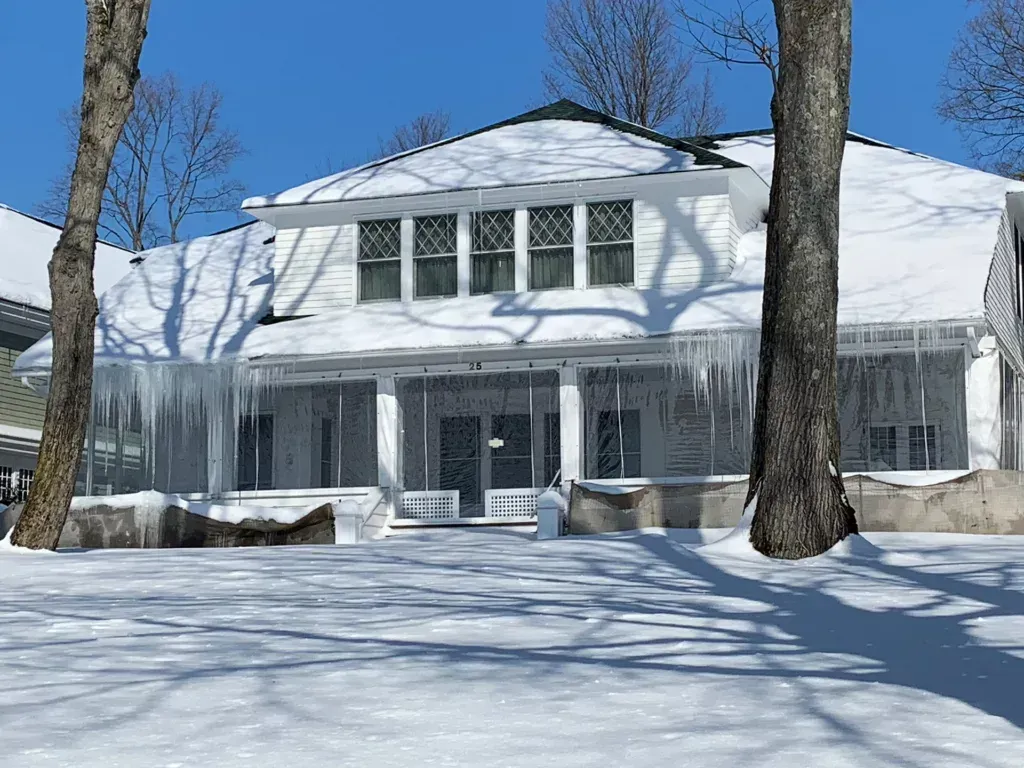 Snow-covered house with a dark roof, bare trees, and a bright winter yard.