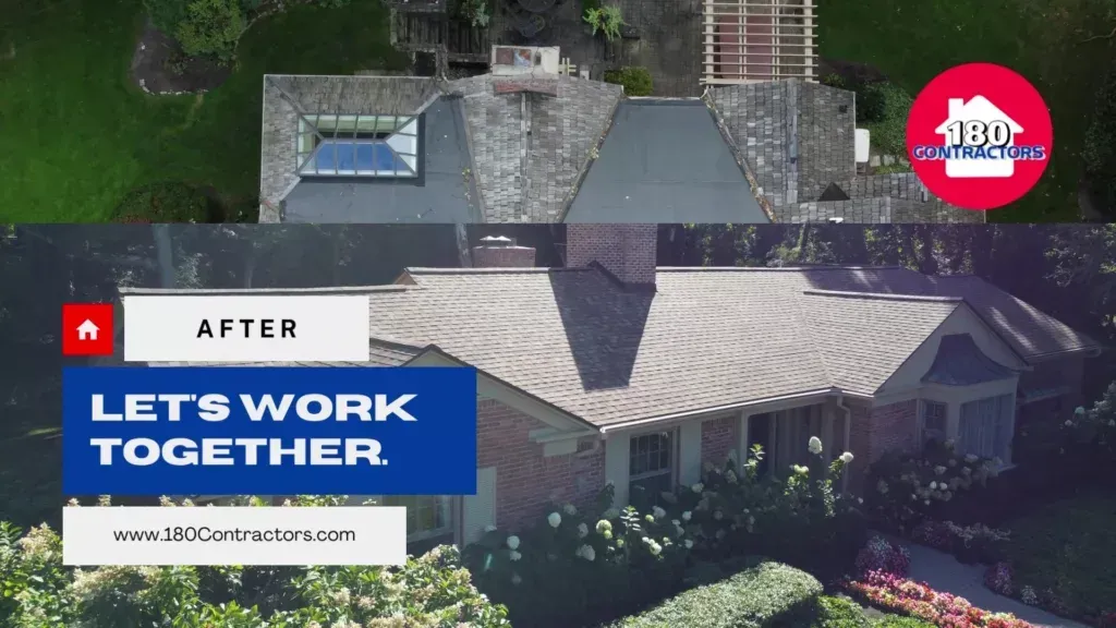 Aerial view of a house with a blue “LET’S WORK TOGETHER.” banner and red logo overlay.