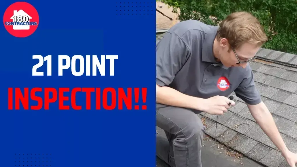 Man inspecting roof shingles with a tool, next to bold text: “21 POINT INSPECTION!!”