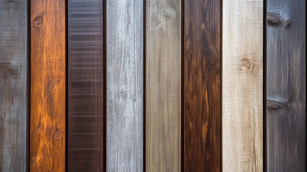 Vertical weathered wooden planks in gray, brown, orange, and white tones.