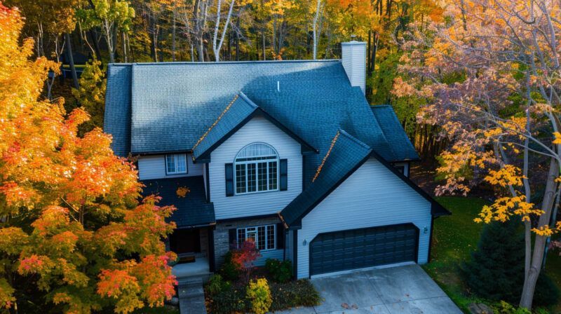 A two-story suburban house with a blue roof, surrounded by autumn trees and colorful fall foliage.