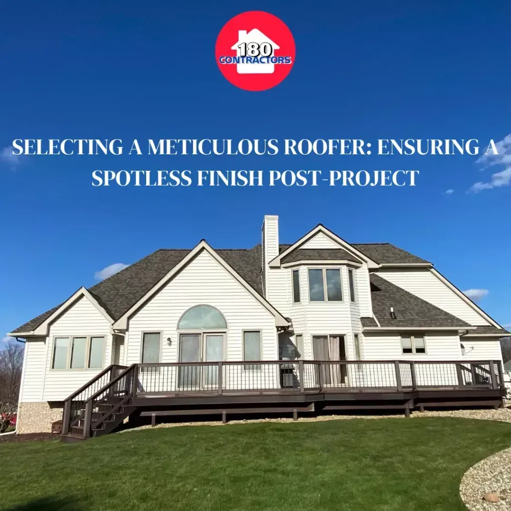 White house with dark roof and wraparound porch on a green lawn under a blue sky, with roofing service text overlay