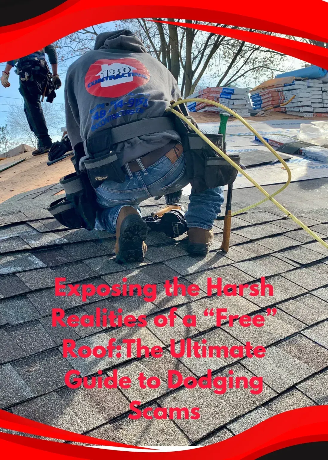 Worker on rooftop near debris, with red banner and text about roof repair scams