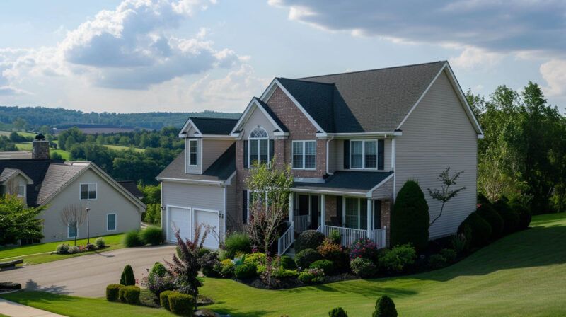Suburban two-story house with gray siding, white trim, and a manicured lawn on a sunny hill