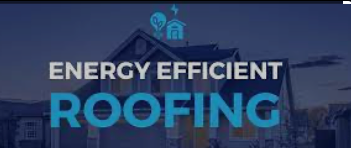 Energy efficient roofing text over a blue city skyline with a small house icon