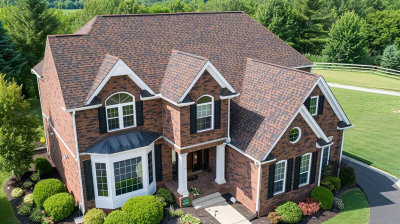 Aerial view of a large brick suburban house with a brown roof, white trim, and landscaped lawn.