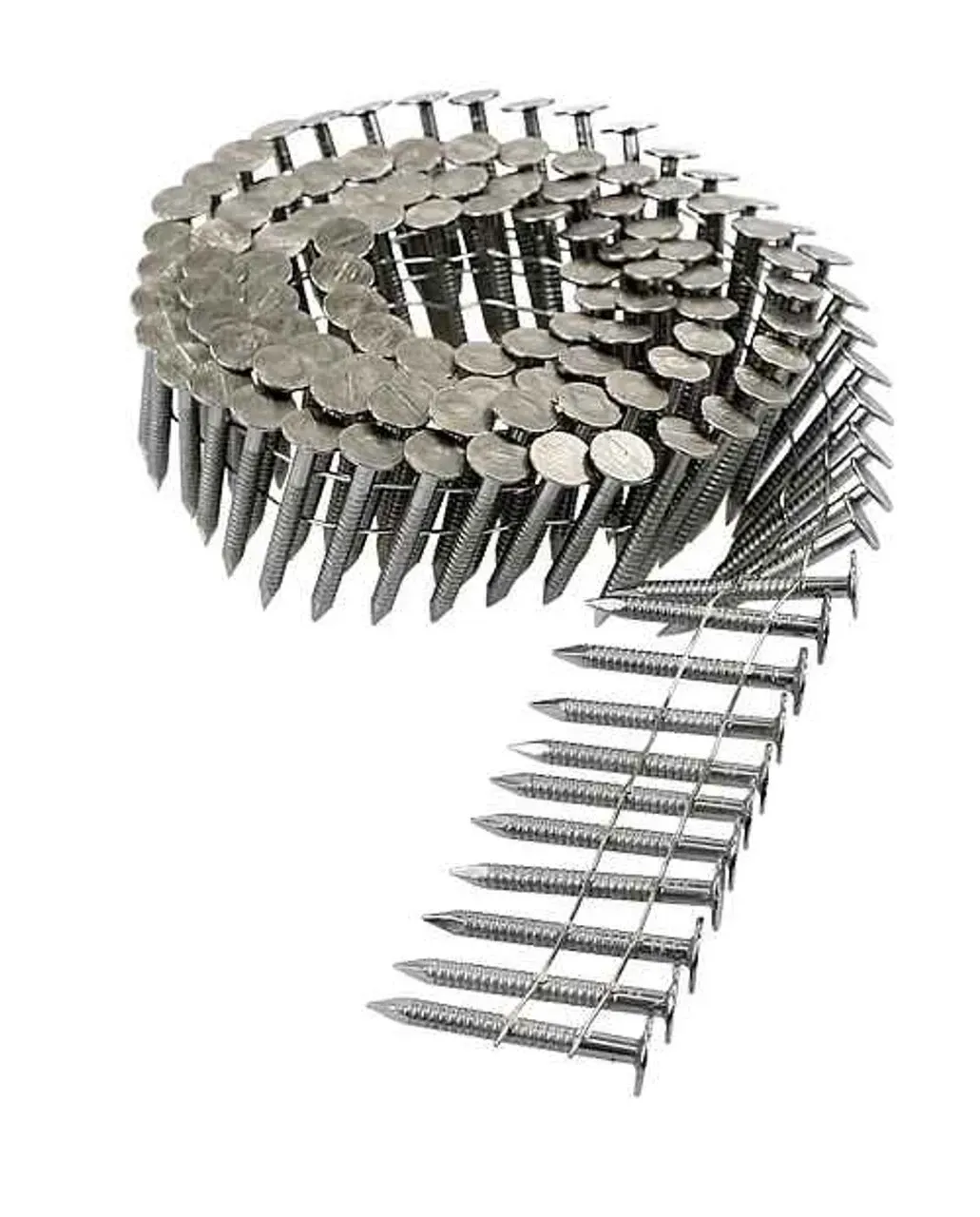 Coil of collated silver nails arranged in a spiral against a white background