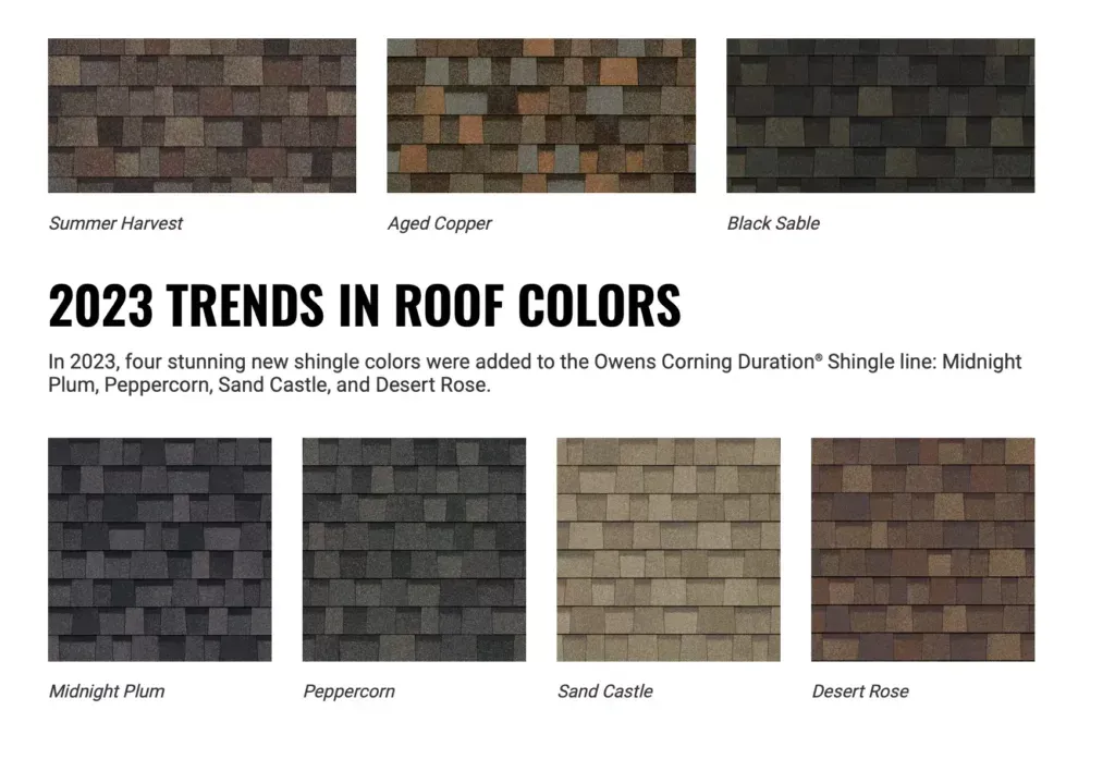 Chart of 2023 roof color trends with six shingle samples in dark gray, brown, and tan.