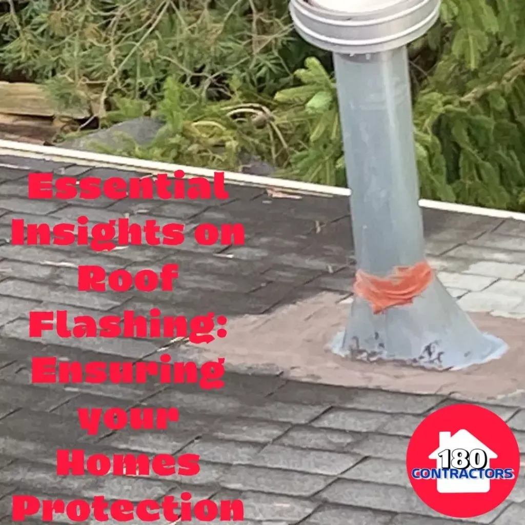 Roof vent flashing on shingles with red text about roof flashing protection and a J&J Roofing logo.