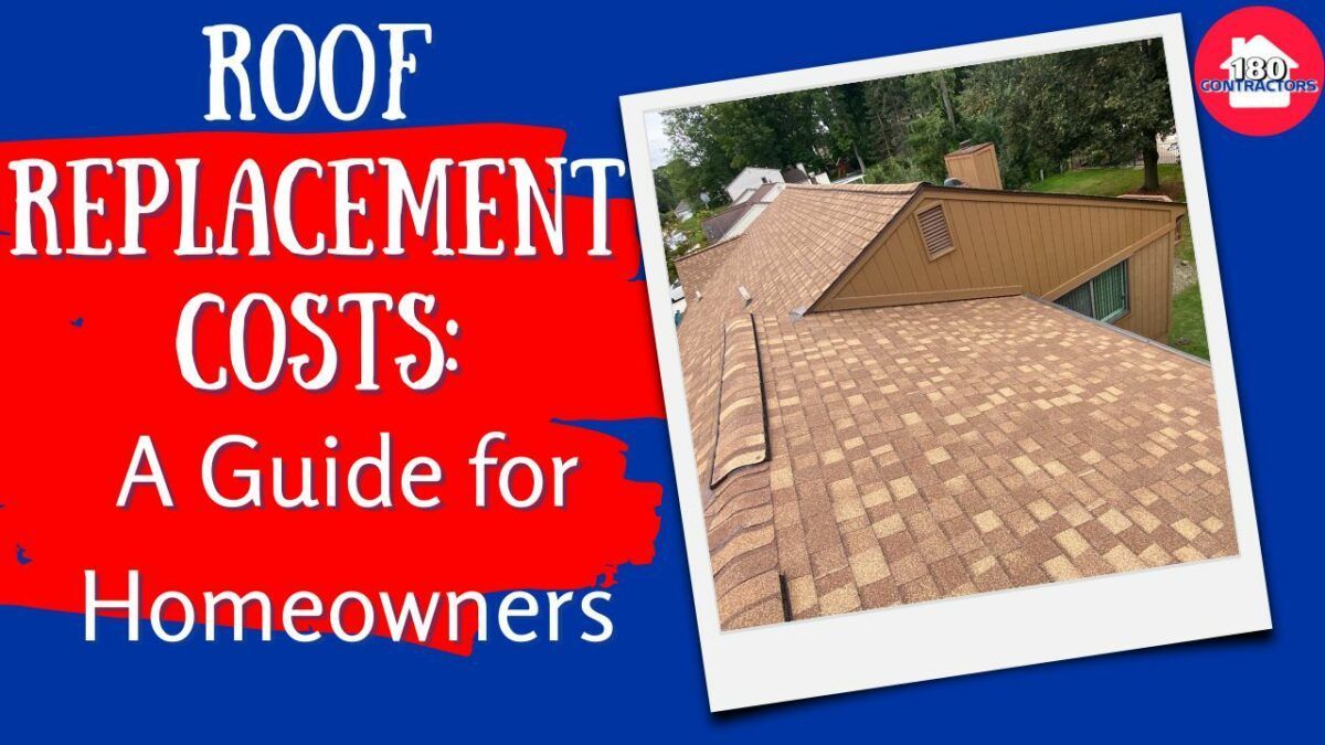Roof replacement costs guide with a tan shingled roof and red-blue title text for homeowners