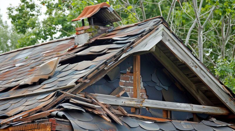 Damaged, rusted roof on an old wooden house amid trees, with missing and bent metal panels