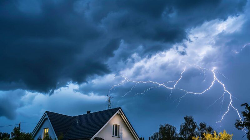 Lightning over houses beneath dark storm clouds