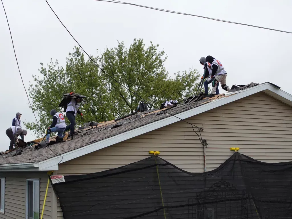 Roofers working on a house roof beside a tree, with black safety netting below.