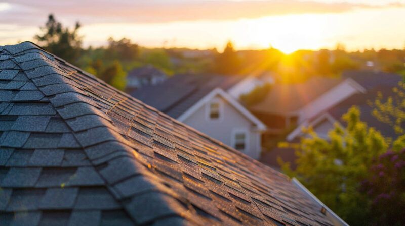 Sunlit shingled rooftop overlooking a suburban neighborhood at sunset