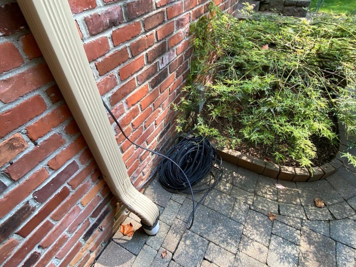 Coiled black cable beside a brick wall and downspout near a paved garden path