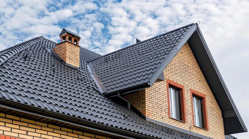 Modern house roof with dark gray shingles, brick chimney, and dormer windows under a cloudy sky