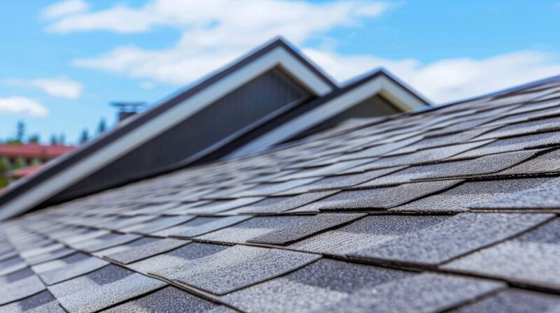 Close-up of gray shingle roof with dormer windows against a blue sky
