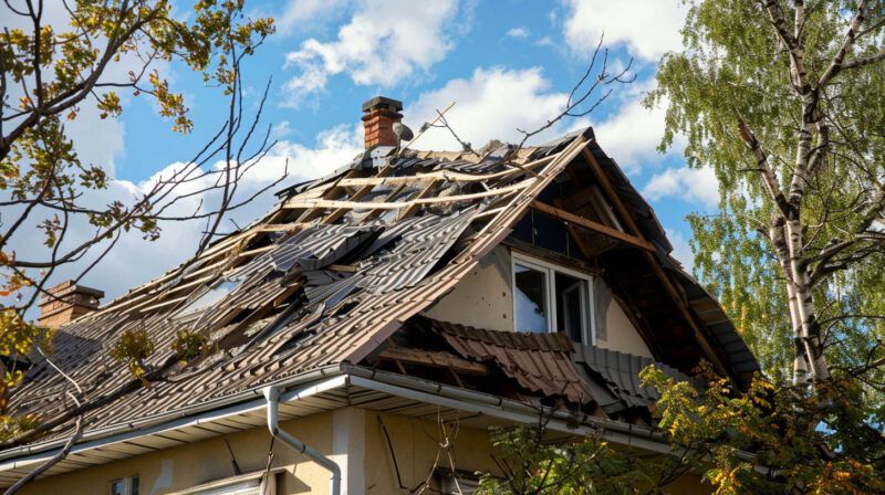 Damaged house roof with missing shingles and exposed underlayment beneath a blue sky