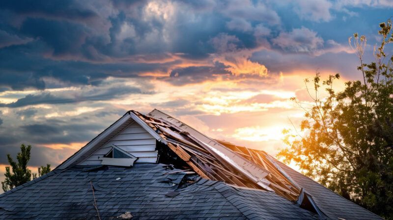 Damaged roof at sunset with missing shingles and storm clouds overhead
