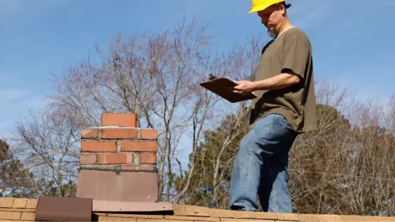 Worker in a yellow hard hat inspecting a brick chimney under construction outdoors.