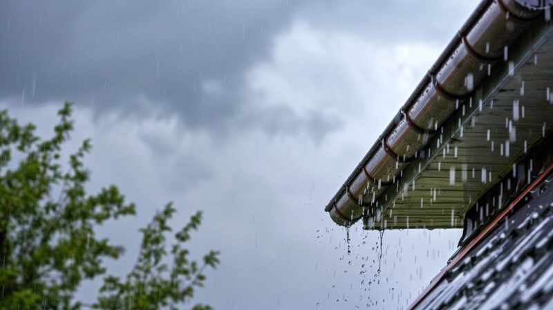 Rainwater dripping from a roof gutter under a cloudy sky, with green tree branches at left.