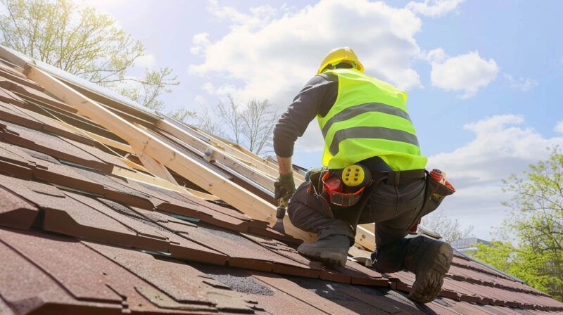 Worker in a neon safety vest repairing roof shingles on a steep rooftop.