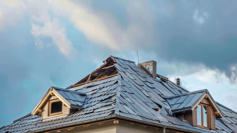 Damaged shingled house roof with missing panels under a cloudy sky