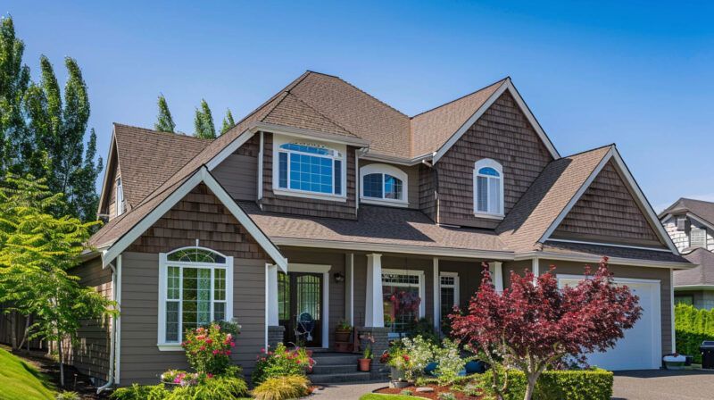 Suburban two-story house with a gabled roof, front porch, and landscaped yard under a clear blue sky