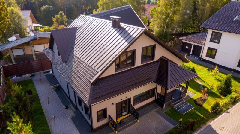 Aerial view of a modern house with a dark roof, surrounded by trees and neighboring homes.