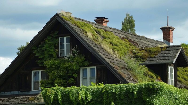 Old house with a moss-covered roof and ivy along the front, under a clear blue sky