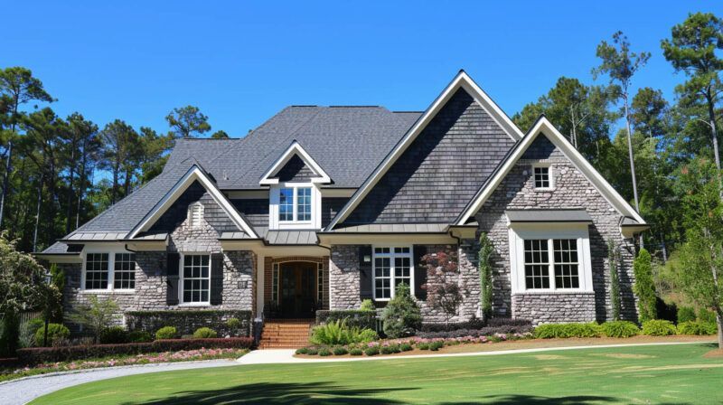 Large gray stone house with a gabled roof, white trim, and a manicured lawn under blue sky.