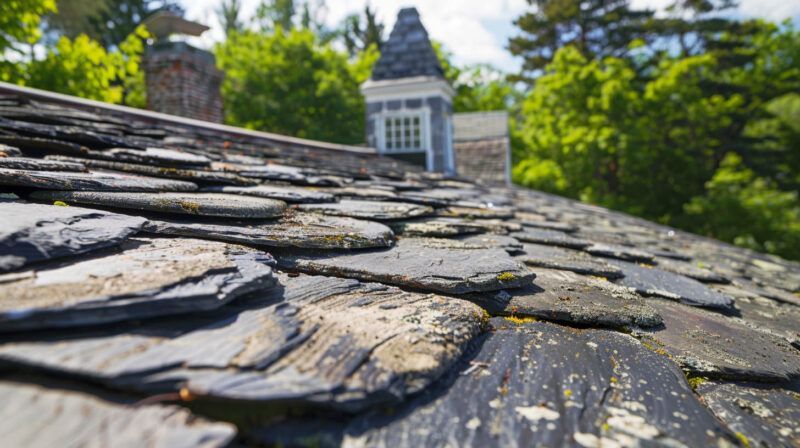 Close-up of weathered slate roof tiles with a house chimney and trees blurred in the background