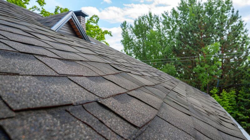 Close-up of a gray shingled roof with trees and blue sky in the background