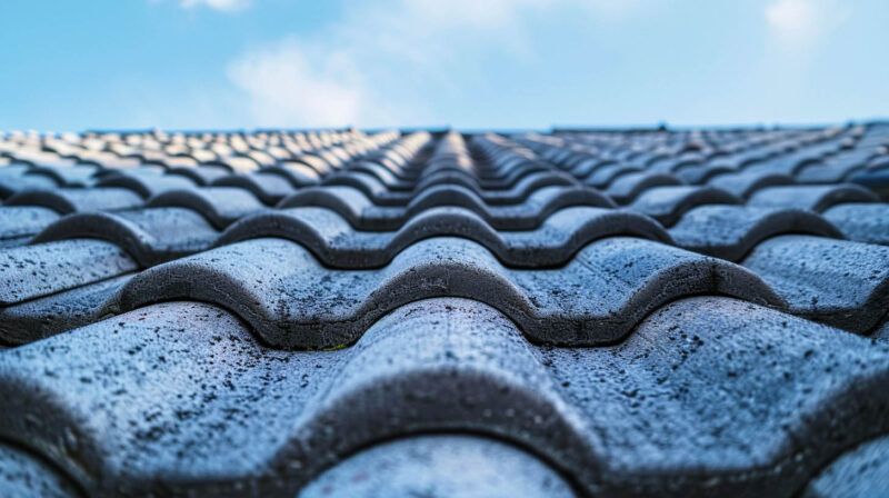 Blue-gray wavy roof tiles viewed from below against a bright sky