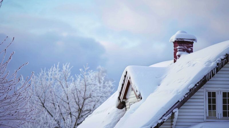 Snow-covered house roof and chimney beside frosty trees under a pastel winter sky