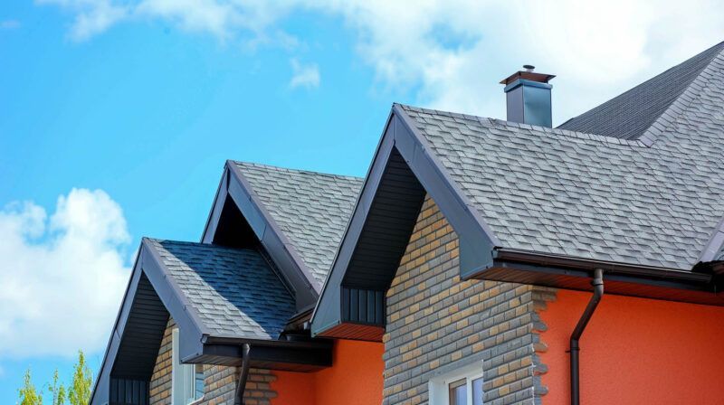 Row of modern houses with gray shingled roofs and orange brick walls under a blue sky