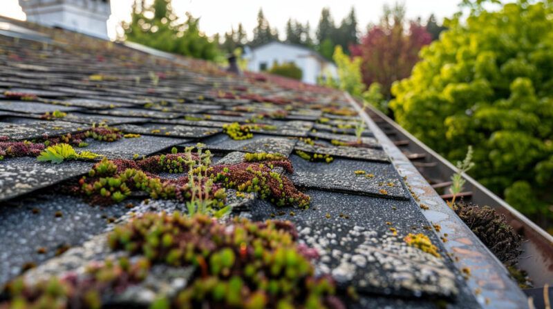 Close-up of moss and small plants growing on a weathered shingled rooftop