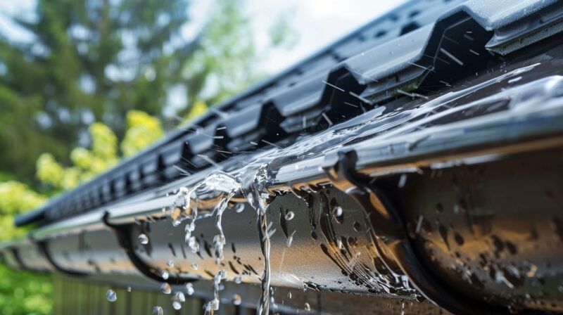 Rainwater dripping from a metal roof gutter with trees blurred in the background