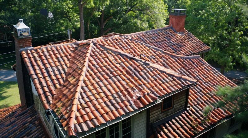 Terracotta-tiled house roof seen from above, surrounded by green trees.