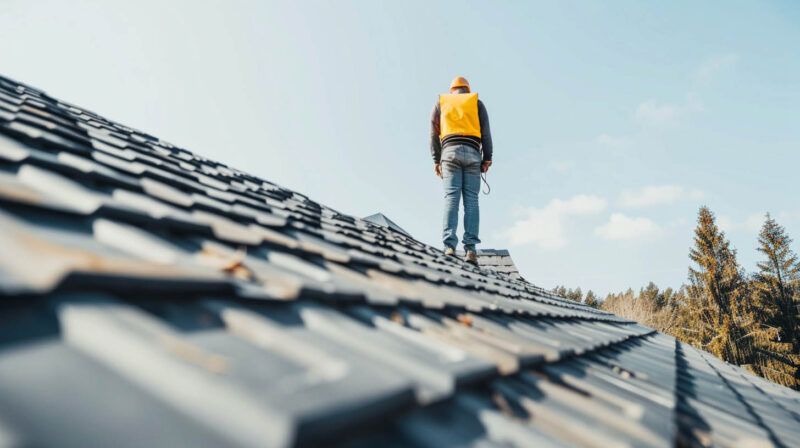 Person in a yellow jacket stands on a shingled roof under a blue sky