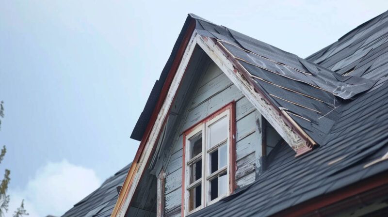 Close-up of a gray shingled roof with a dormer window against a blue sky