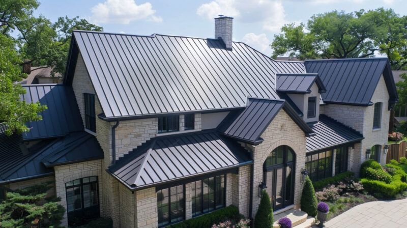 Large stone house with dark metal roof, arched windows, and landscaped front entrance