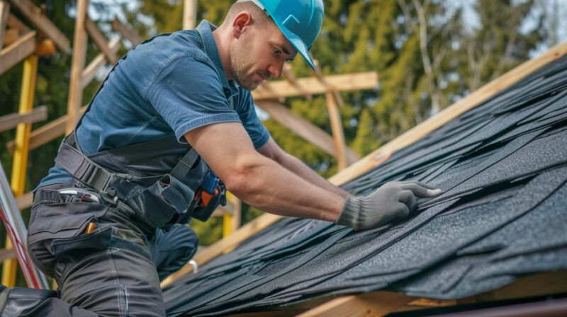 Worker in blue uniform and hard hat installs roofing shingles on a sloped roof.
