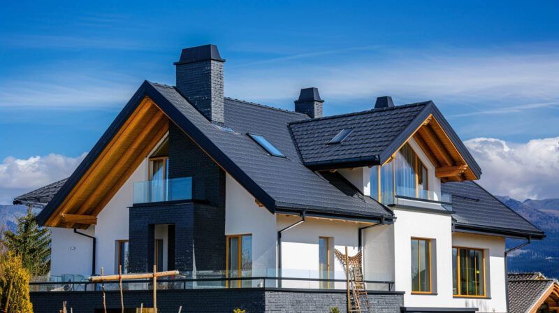Modern white house with dark roof and wooden accents under a blue sky