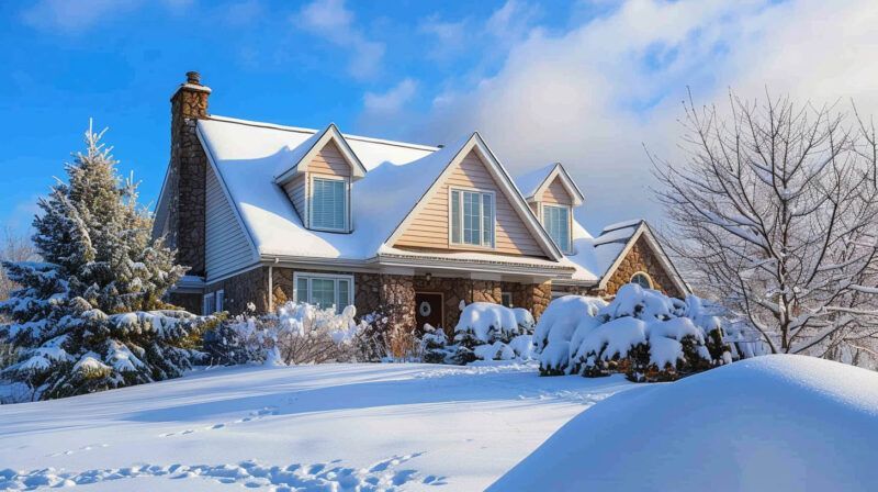 Snow-covered house with warm lights and bare trees in a bright winter landscape