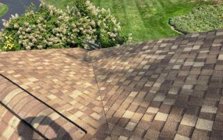 Shingled roof with patchwork brown shingles and a flowering bush in the background