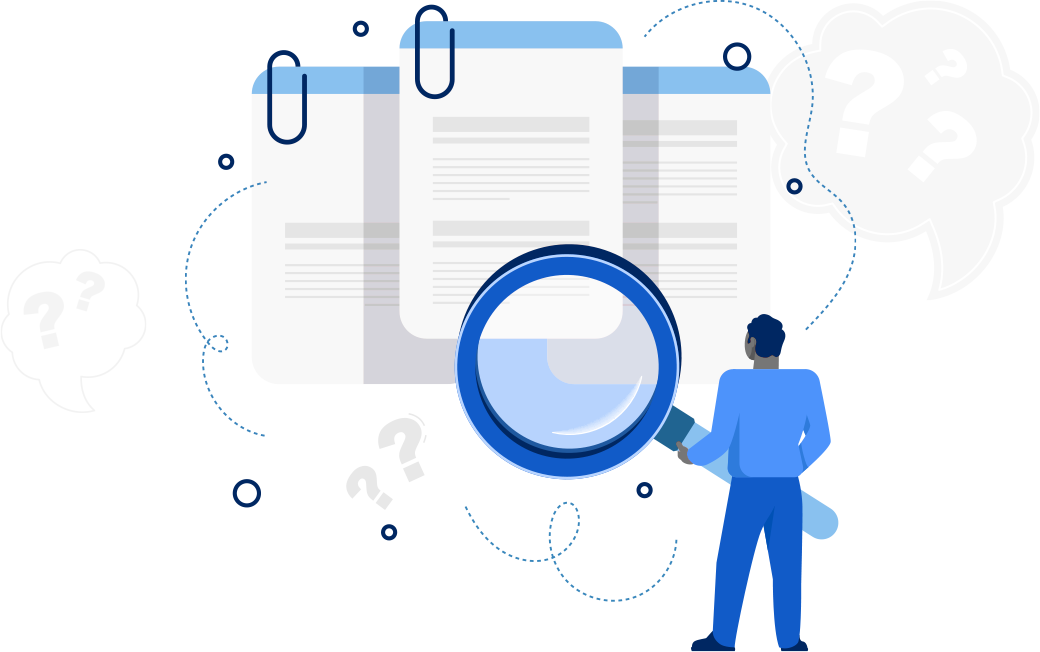 Blue figure examines a large magnifying glass over stacked documents and checklists.