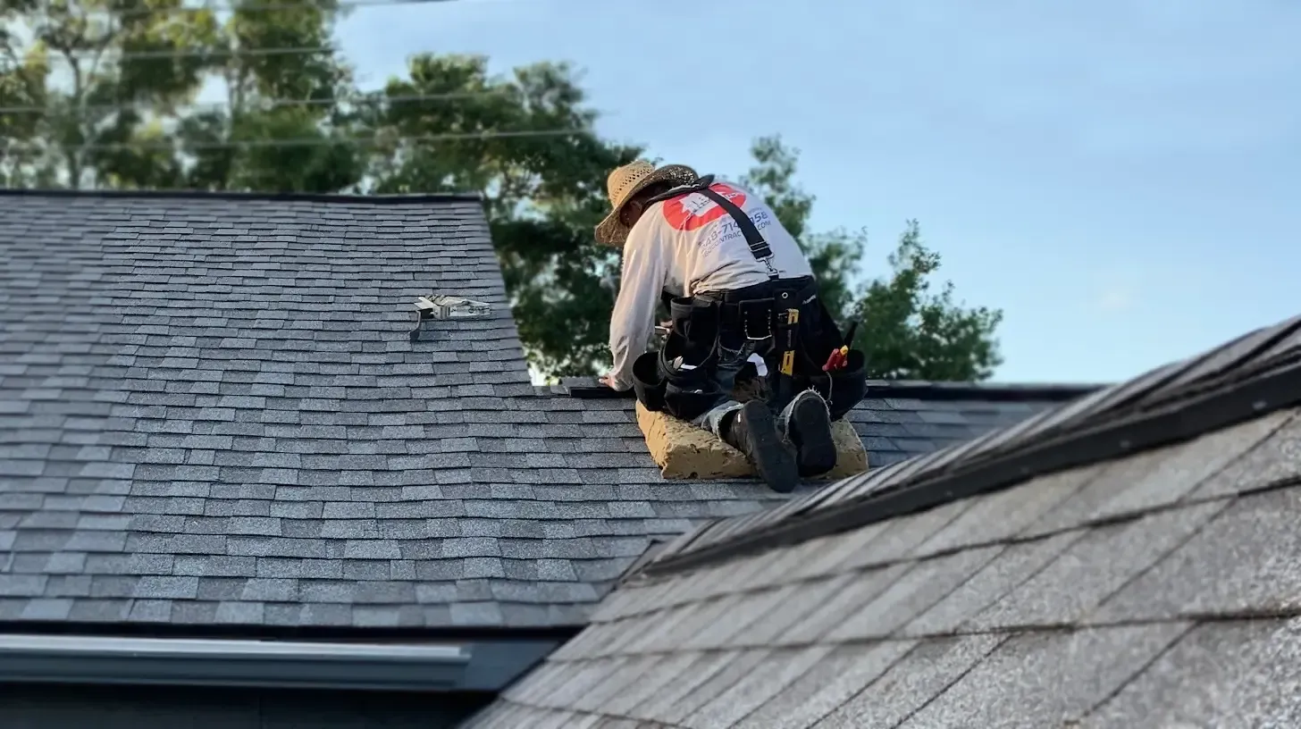 Roofing worker kneeling on a shingled roof, repairing gray shingles near a ridge line.