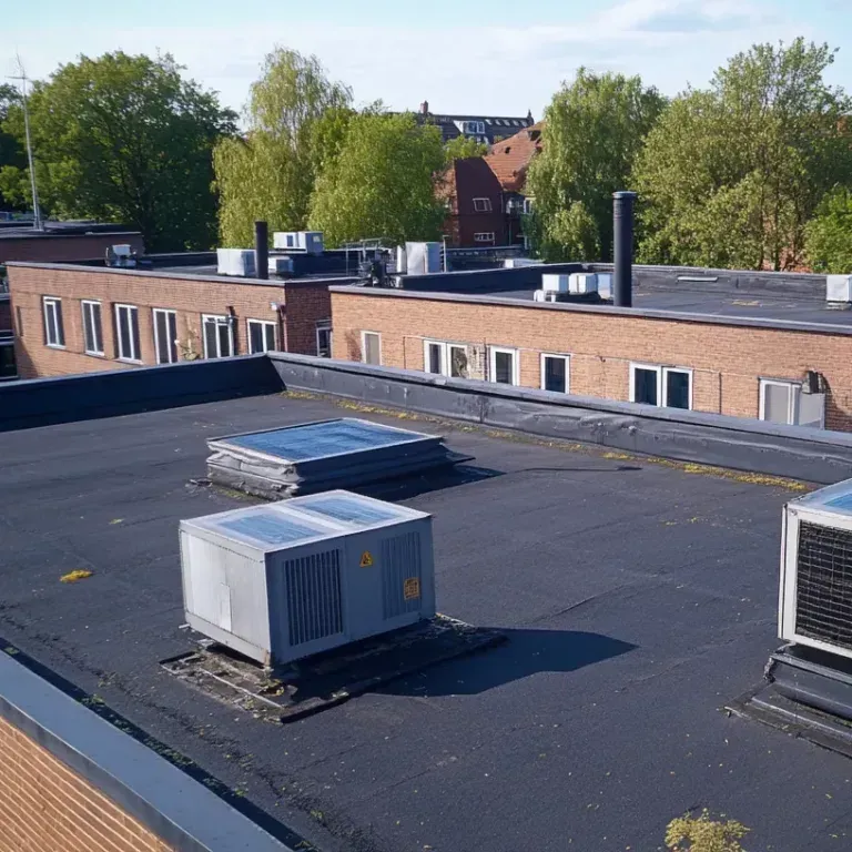 Rooftop with HVAC units on a flat black roof beside brick buildings and trees.